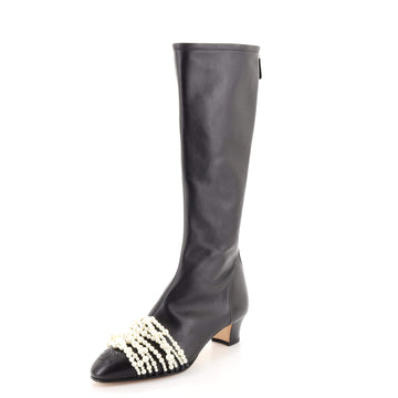 Chanel Women's CC Cap Toe Knee High Boots Leather with Faux Pearls