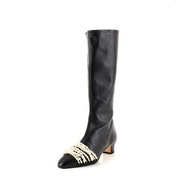 Chanel Women's CC Cap Toe Knee High Boots Leather with Faux Pearls