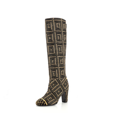 Chanel Women's Byzantine Cap Toe Knee High Boots Woven Fabric with Suede