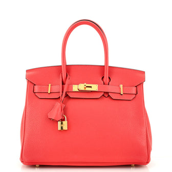 Hermes Birkin Handbag Red Clemence with Gold Hardware 30