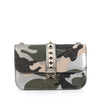 Valentino Glam Lock Shoulder Bag Camo Leather and Canvas Medium Green