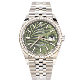 Rolex Oyster Perpetual Datejust Palm Motif Automatic Watch Stainless Steel and White Gold with Diamond Bezel 36