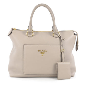 Prada Zip Top Convertible Satchel Vitello Daino Medium Neutral