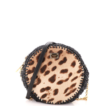 Dolce & Gabbana Glam Round Crossbody Bag Printed Pony Hair and Woven Straw