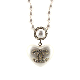 Chanel CC Heart Pendant Necklace Faux Pearls with Metal and Crystals