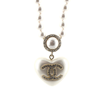 Chanel CC Heart Pendant Necklace Faux Pearls with Metal and Crystals