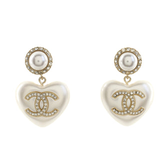 Chanel CC Heart Drop Earrings Metal with Crystals and Faux Pearls