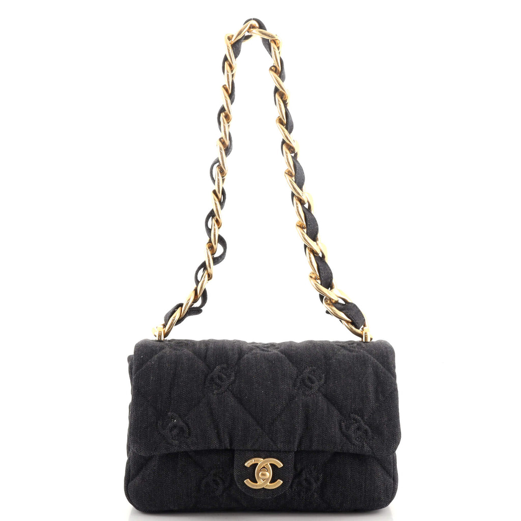 Chanel Funky Town Small CC Quilted Flap, Black Denim with Gold