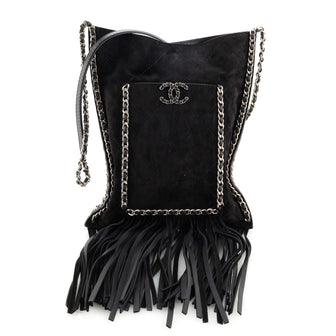 Fringe Flat Shopping Bag Quilted Suede and Leather Small