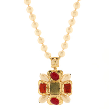 Chanel Vintage CC Cross Pendant Necklace Faux Pearls with Metal and Gripoix