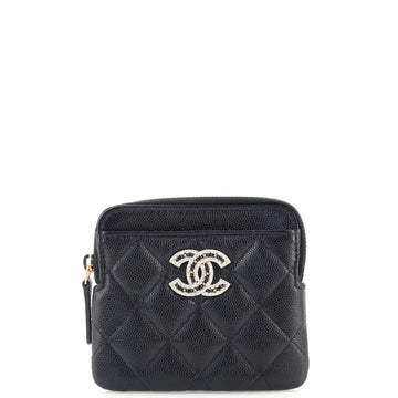 Chanel Crystal Woven CC Square Zip Around Card Holder Wallet Quilted Caviar