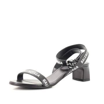 Balenciaga Women's Allover Logo Ankle Strap Heeled Sandals Printed Leather 40
