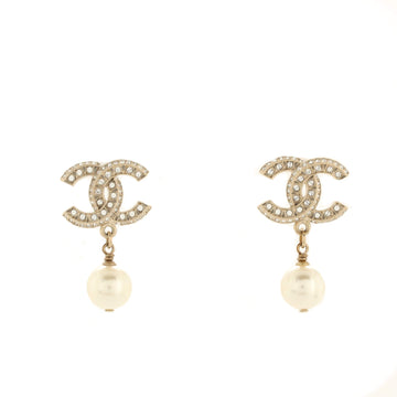 Chanel CC Drop Earrings Metal with Crystals and Faux Pearls
