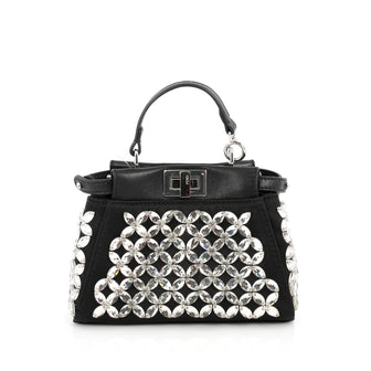 Fendi Peekaboo Handbag Crystal Embellished Satin Micro Black