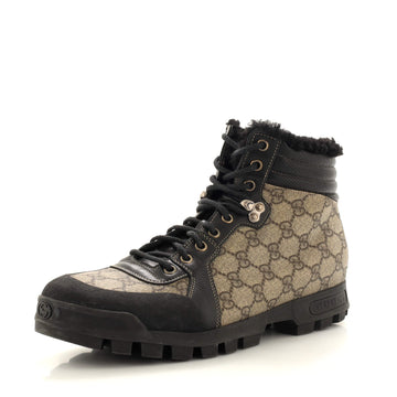Gucci Men's Nebraska Lace Up Boots GG Coated Canvas and Shearling