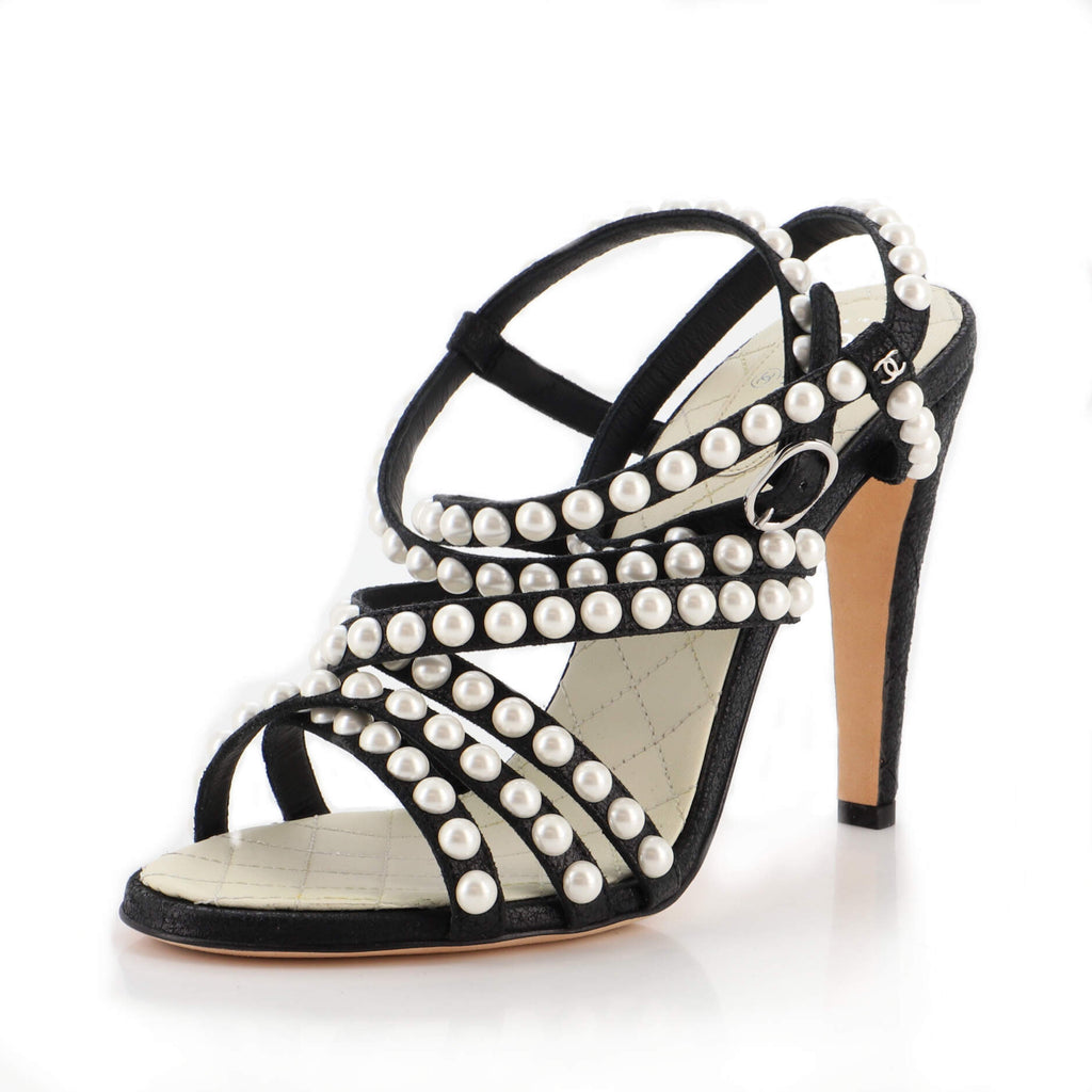 Chanel Women's Strappy Heeled Sandals Leather with Faux Pearls Black 1911262