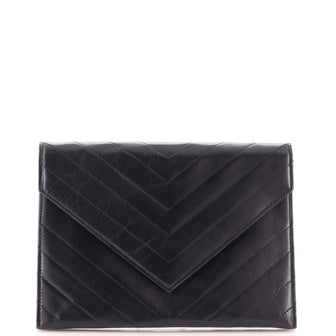 Saint Laurent Vintage Envelope Flap Clutch Chevron Quilted Leather Small