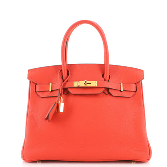 Hermes Birkin Handbag Red Clemence with Gold Hardware 30