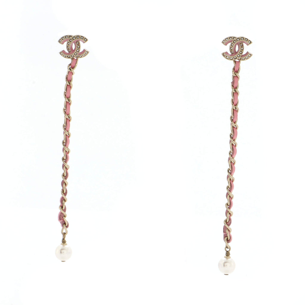 Chanel CC Chain Drop Earrings Metal with Leather and Faux Pearls Gold  19134213