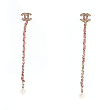 Chanel CC Chain Drop Earrings Metal with Leather and Faux Pearls