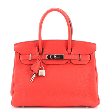 Hermes Birkin Handbag Red Clemence with Palladium Hardware 30