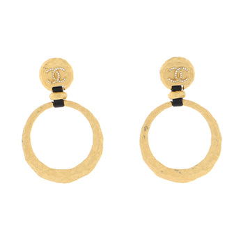 Chanel CC Drop Hoop Earrings Hammered Metal and Crystals