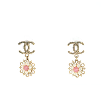 Chanel CC Flower Drop Earrings Metal with Faux Pearls and Beads