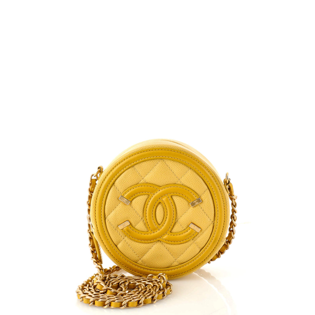 Chanel Filigree Round Clutch with Chain Quilted Caviar Mini Yellow