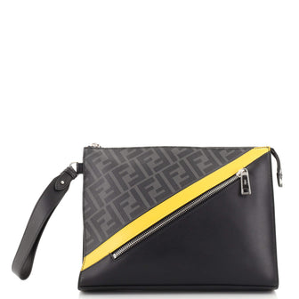 Fendi Zip Flat Wristlet Pouch Zucca Canvas and Leather Medium