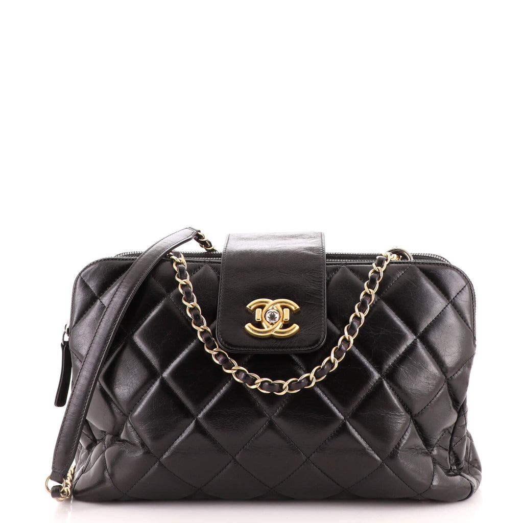 Chanel Daily Walk Double Zip Shoulder Bag Quilted Glazed Calfskin Medium  Black 19141798