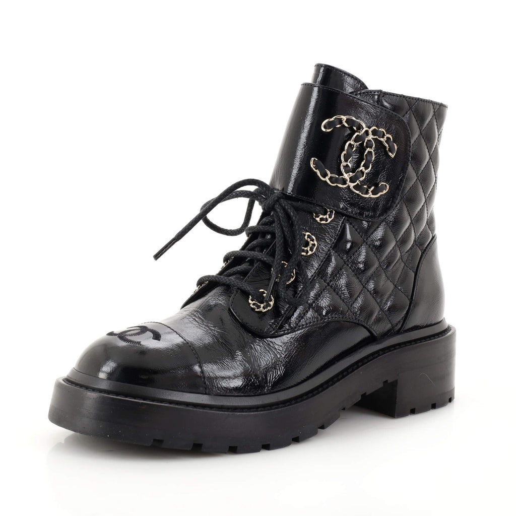Authentic CHANEL Shiny Calfskin Quilted Lace Up Combat Boots 38 Euro Size  Black