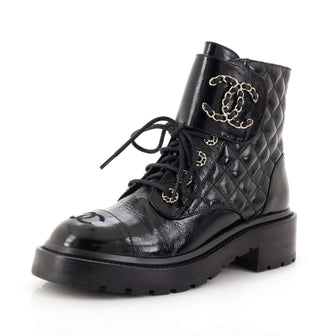 Chanel Women's Chain CC Cap Toe Lace Up Combat Boots Quilted Shiny Calfskin