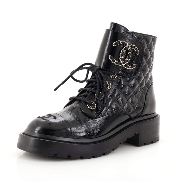 CHANEL Women's Camellia CC Cap Toe Combat Boots Embellished with Leath