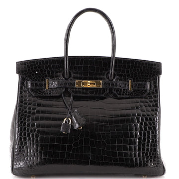 Hermes Birkin Handbag Black Shiny Porosus Crocodile with Gold Hardware 35