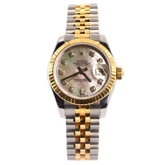 Rolex Oyster Perpetual Datejust Automatic Watch Stainless Steel and Yellow Gold with Diamond Markers and Mother of Pearl 26