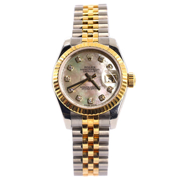 Rolex Oyster Perpetual Datejust Automatic Watch Stainless Steel and Yellow Gold with Diamond Markers and Mother of Pearl 26