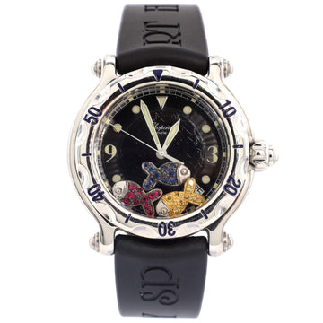 Chopard Happy Sport Fish Round Quartz Watch Stainless Steel and Rubber with Floating Rubies and Sapphires 38