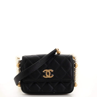 CHANEL Calfskin Quilted About Pearls Card Holder Flap With Chain