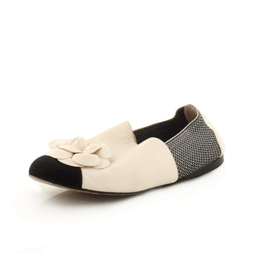 Chanel Women's Camellia Cap Toe Mocassin Flats Leather with Fabric
