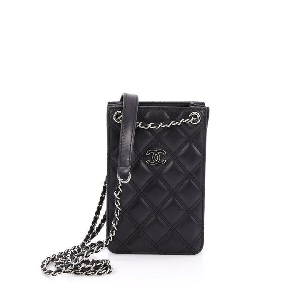Chanel Quilted Leather Phone Holder Crossbody Bag Blue Pony-style