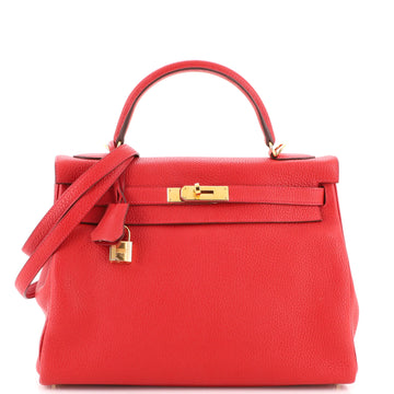 Hermes Kelly Handbag Red Clemence with Gold Hardware 32