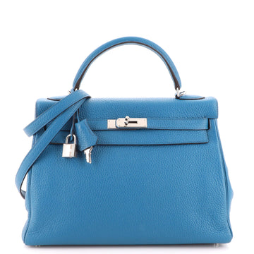 Hermes Kelly Handbag Blue Clemence with Palladium Hardware 32
