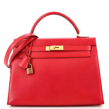 Hermes Kelly Handbag Red Courchevel with Gold Hardware 32
