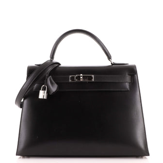 Hermes Kelly Handbag Black Box Calf with Palladium Hardware 32
