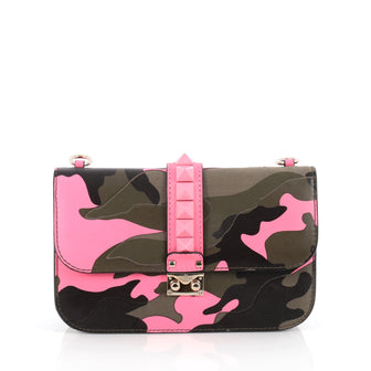 Valentino Glam Lock Shoulder Bag Camo Leather and Canvas Medium Green 1925745