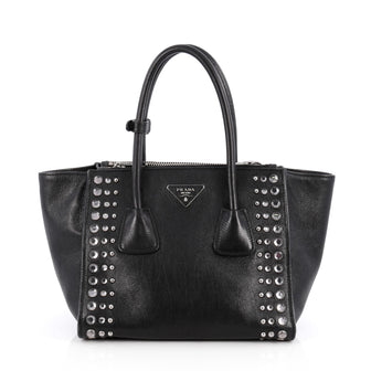 Prada Twin Pocket Tote Studded Glace Calf Small Black 1926203