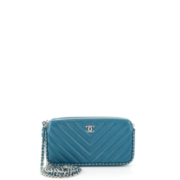 Chanel Double Zip Clutch with Chain Chevron Lambskin with Studded Detail
