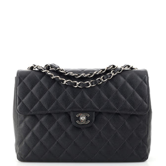 Chanel Vintage Square Classic Single Flap Bag Quilted Caviar Jumbo
