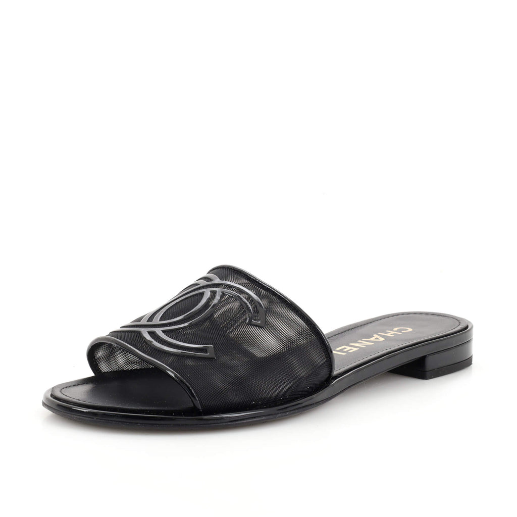 Chanel Women's CC Slide Sandals Mesh and Patent Black 1927741