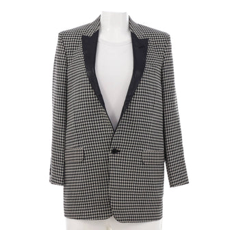 Saint Laurent Women's Houndstooth Single Button Blazer Wool with Leather